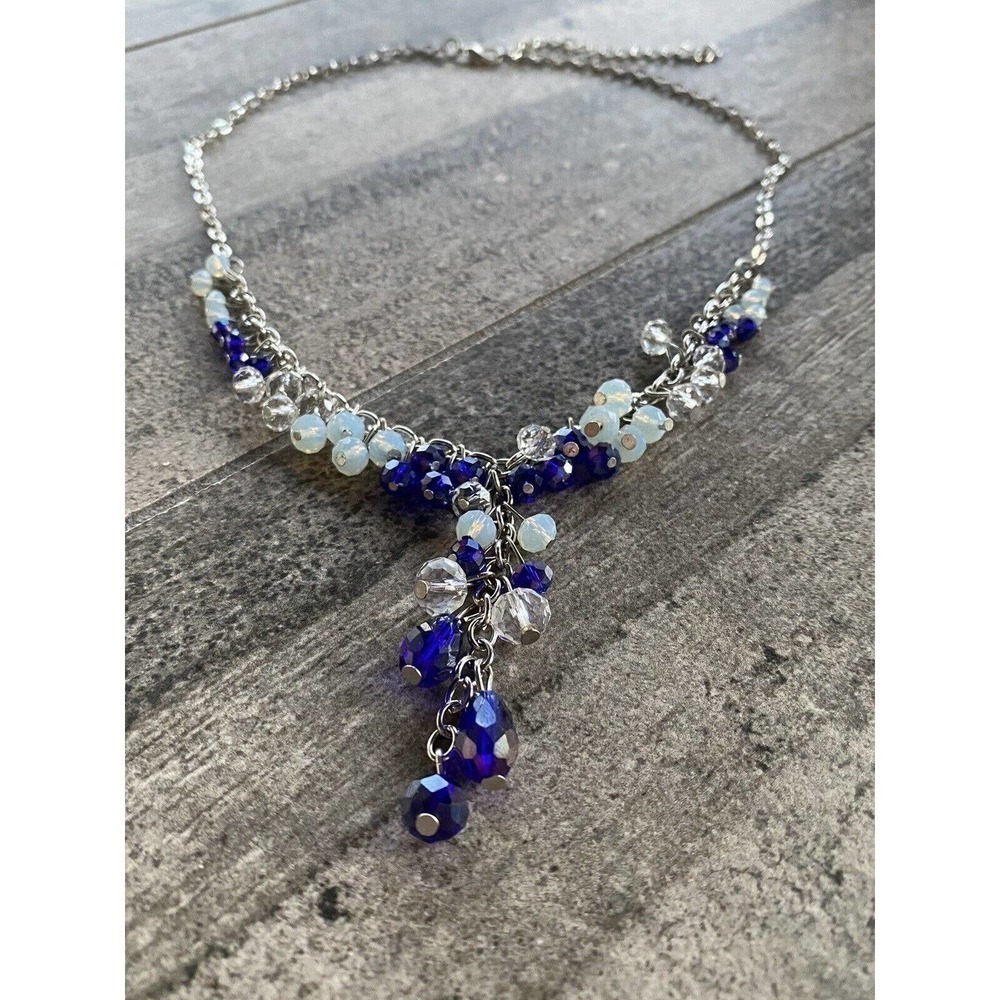 Necklace Glass Beads Blue Clear Silver Tone Artisan Fashion 16”+2.5”